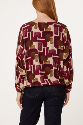 V-Neck Bubble Hem Geometric Blouse