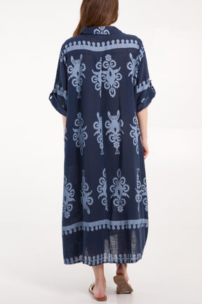 Cotton Printed Pockets Shirt Maxi Dress