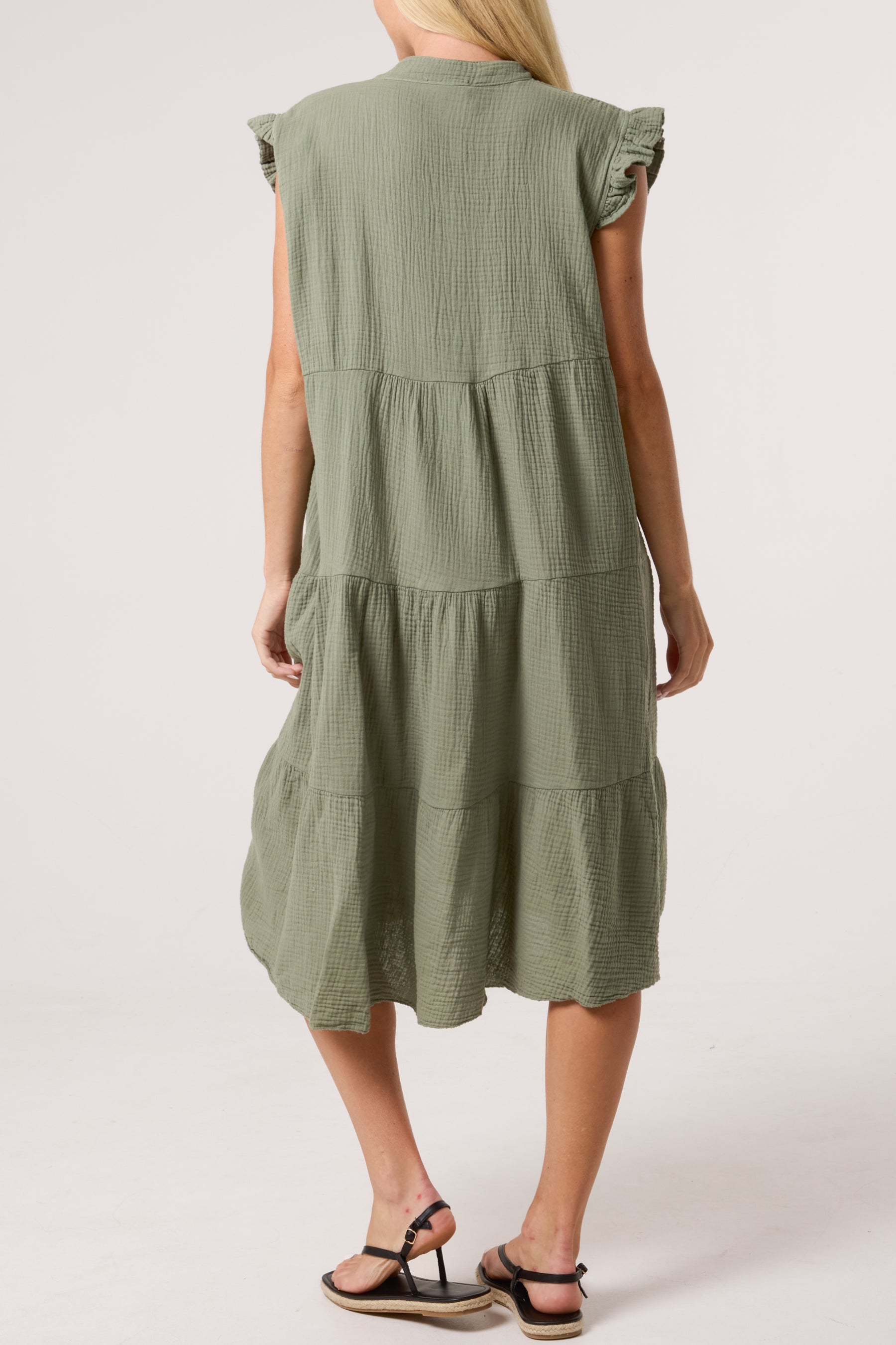 Cotton Frill Sleeved Midi Dress