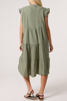 Cotton Frill Sleeved Midi Dress