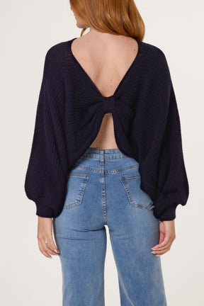 Back Bow Batwing Ribbed Knit Jumper