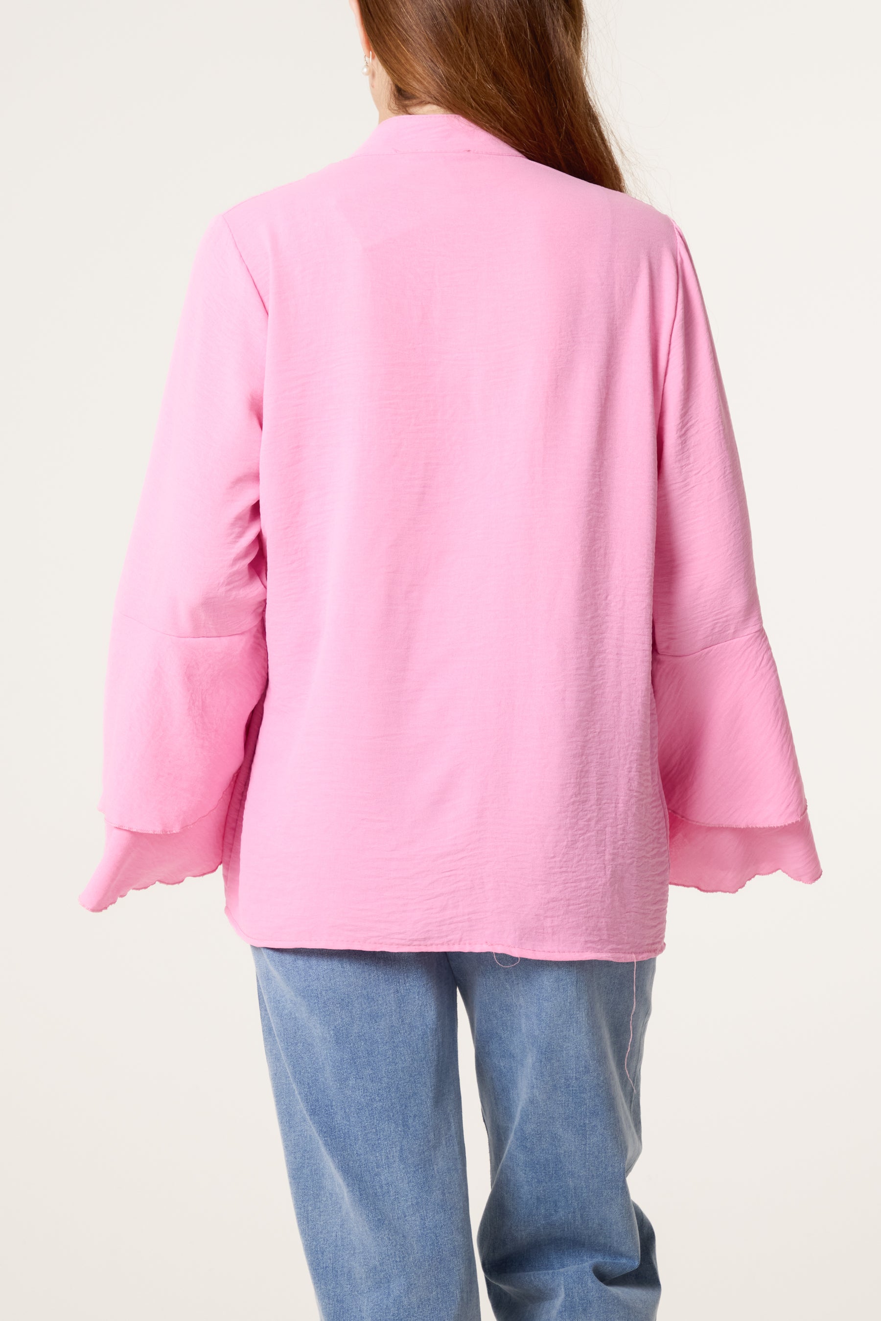 Pleated Sleeve Grandad Collar Blouse