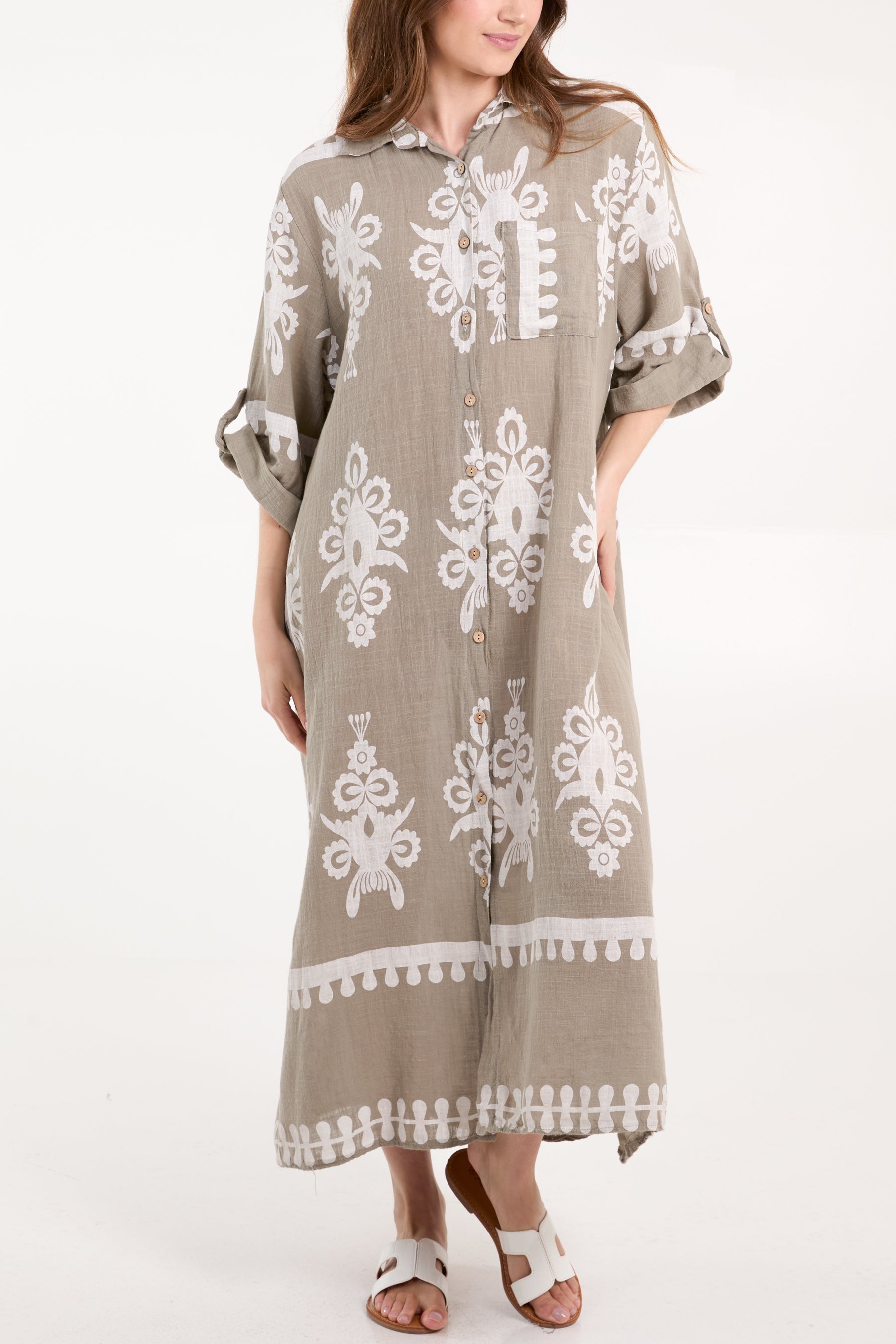 Cotton Printed Pockets Shirt Maxi Dress