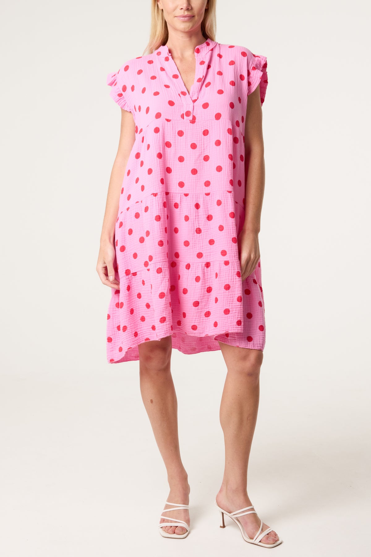 Polka Dot Frill Sleeve Tiered Mini Dress