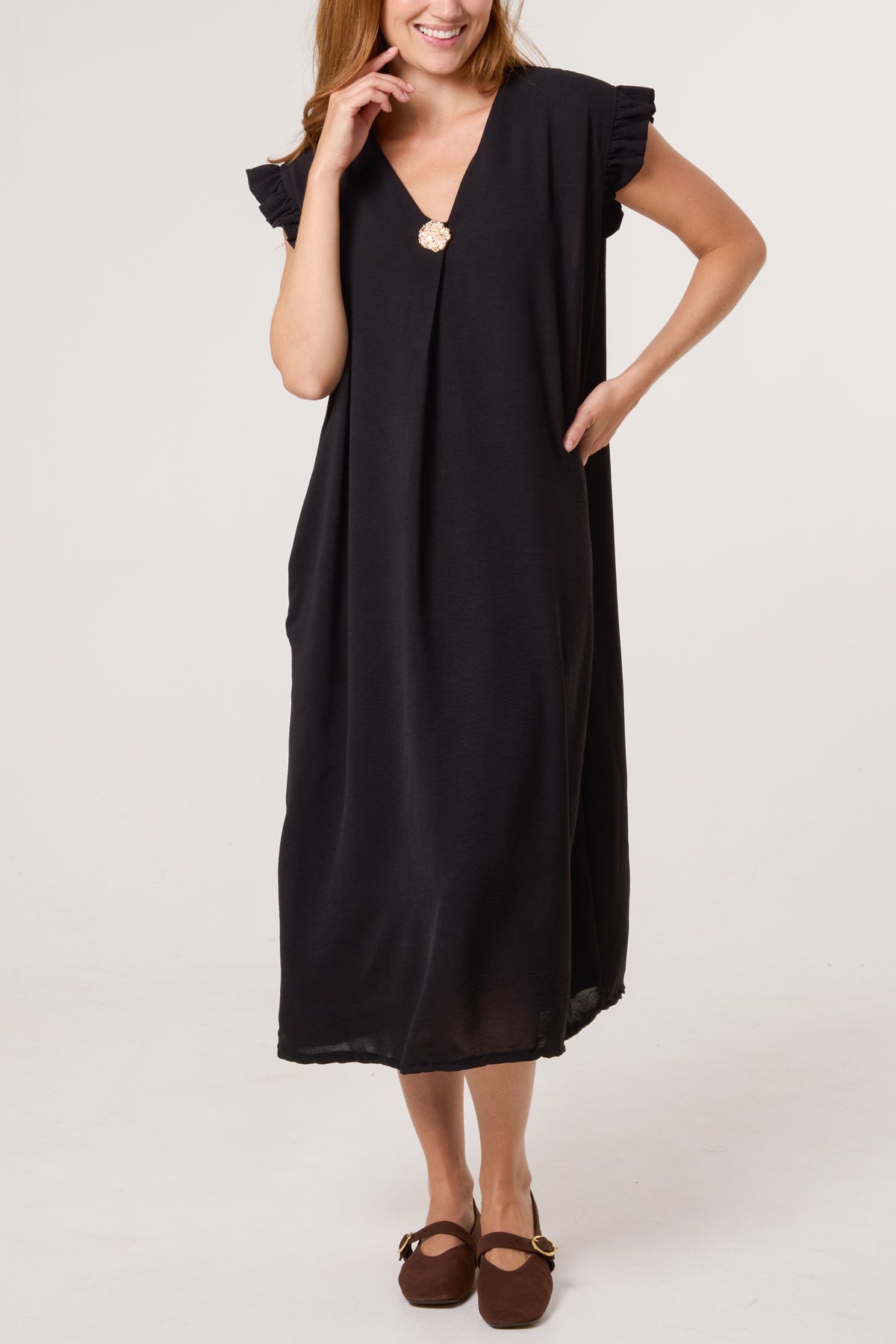 Frill Sleeve Pockets Midi Dress