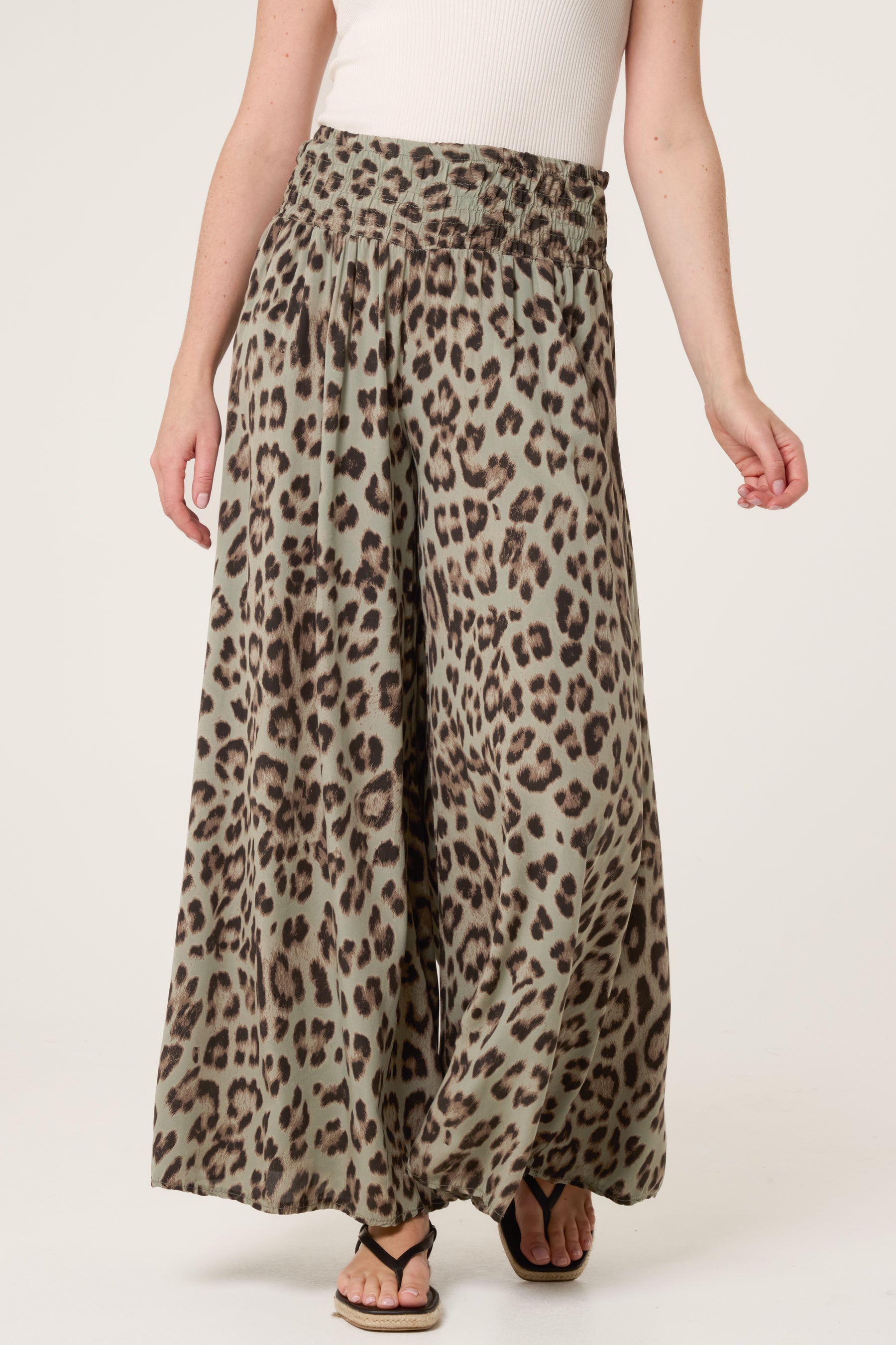 Leopard Print Elastic Wide Leg Trousers