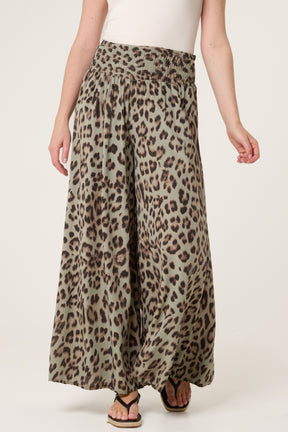 Leopard Print Elastic Wide Leg Trousers