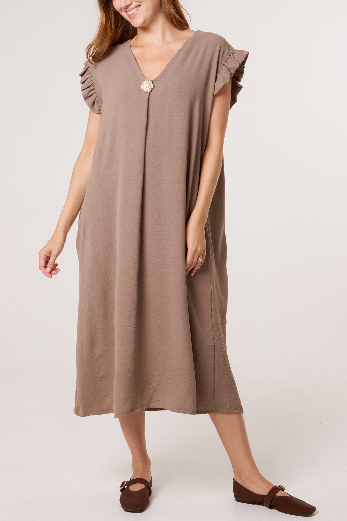 Frill Sleeve Pockets Midi Dress