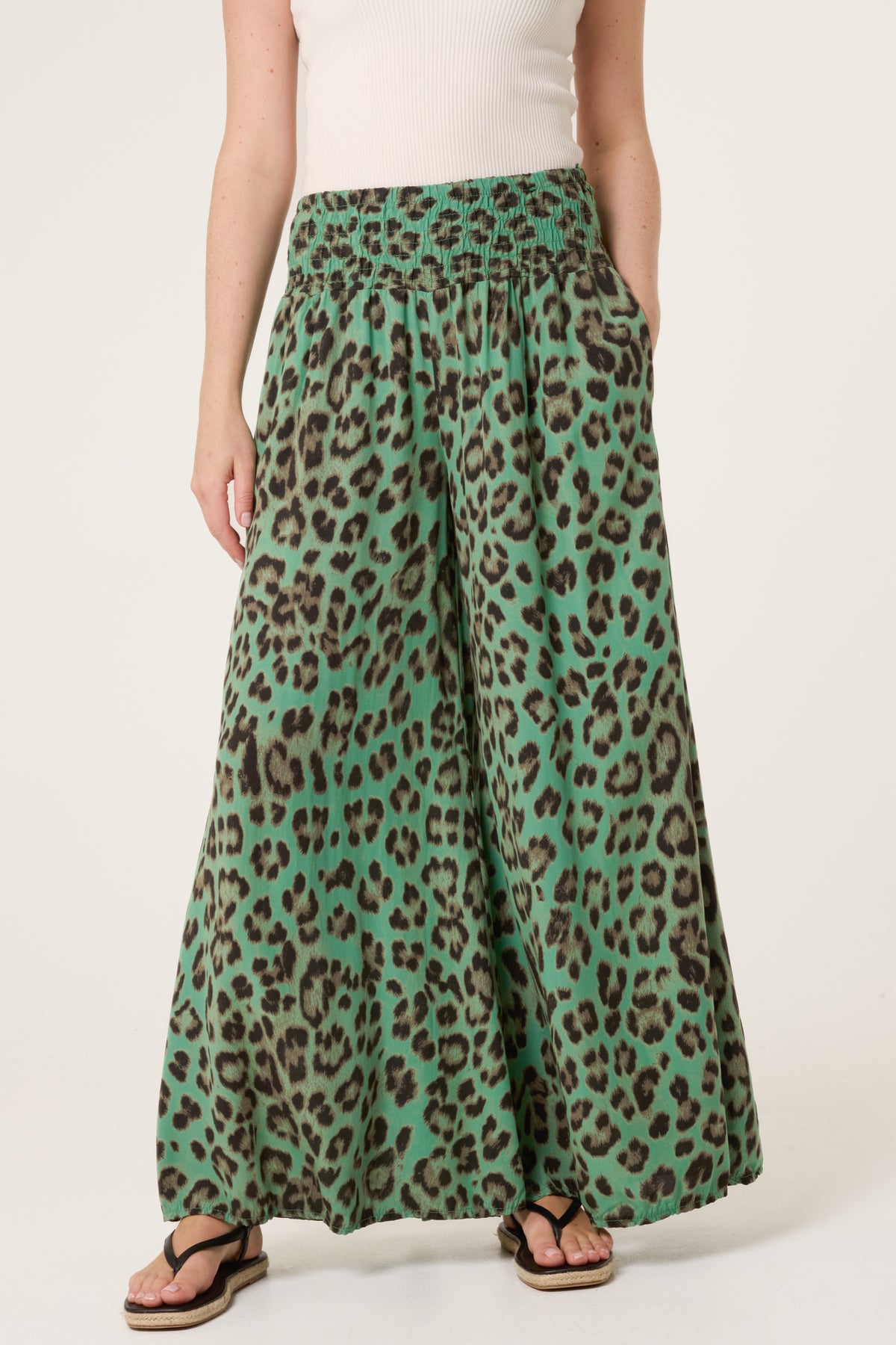 Leopard Print Elastic Wide Leg Trousers