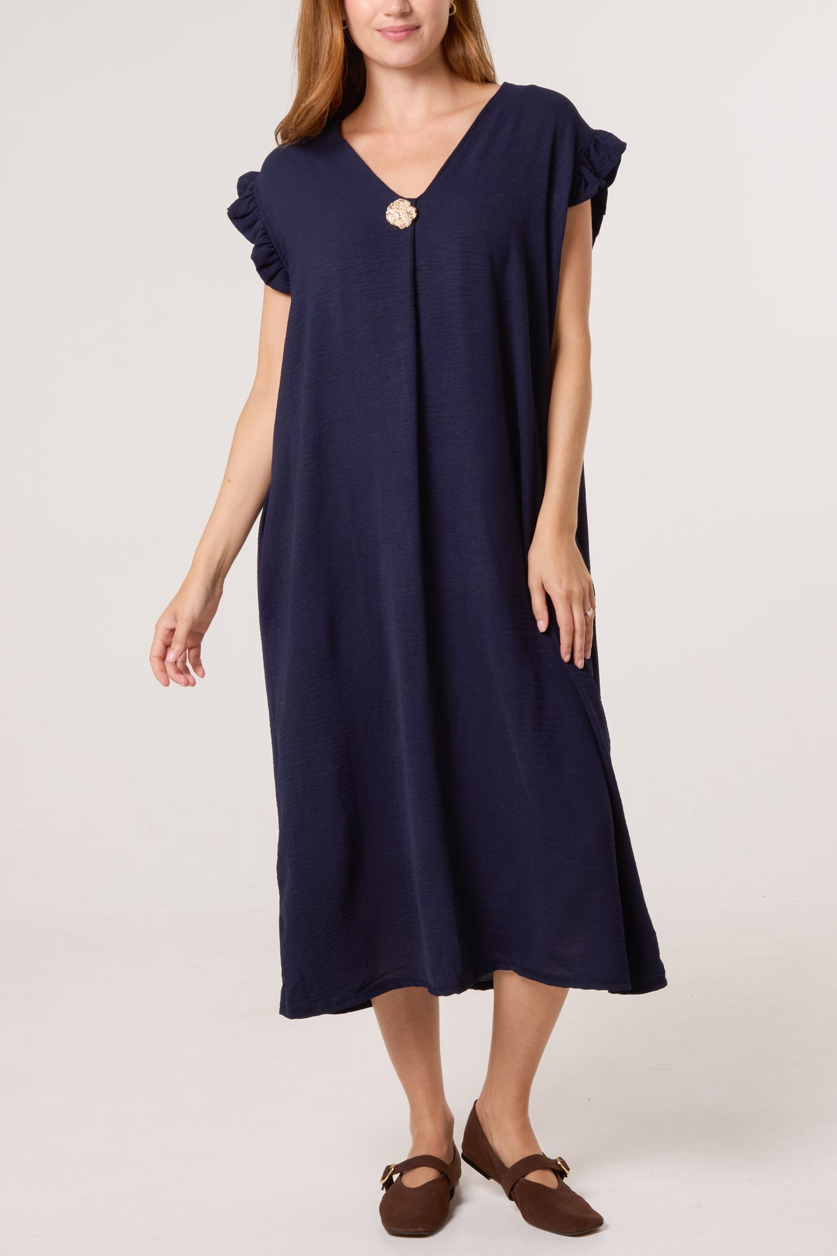 Frill Sleeve Pockets Midi Dress