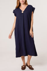 Frill Sleeve Pockets Midi Dress