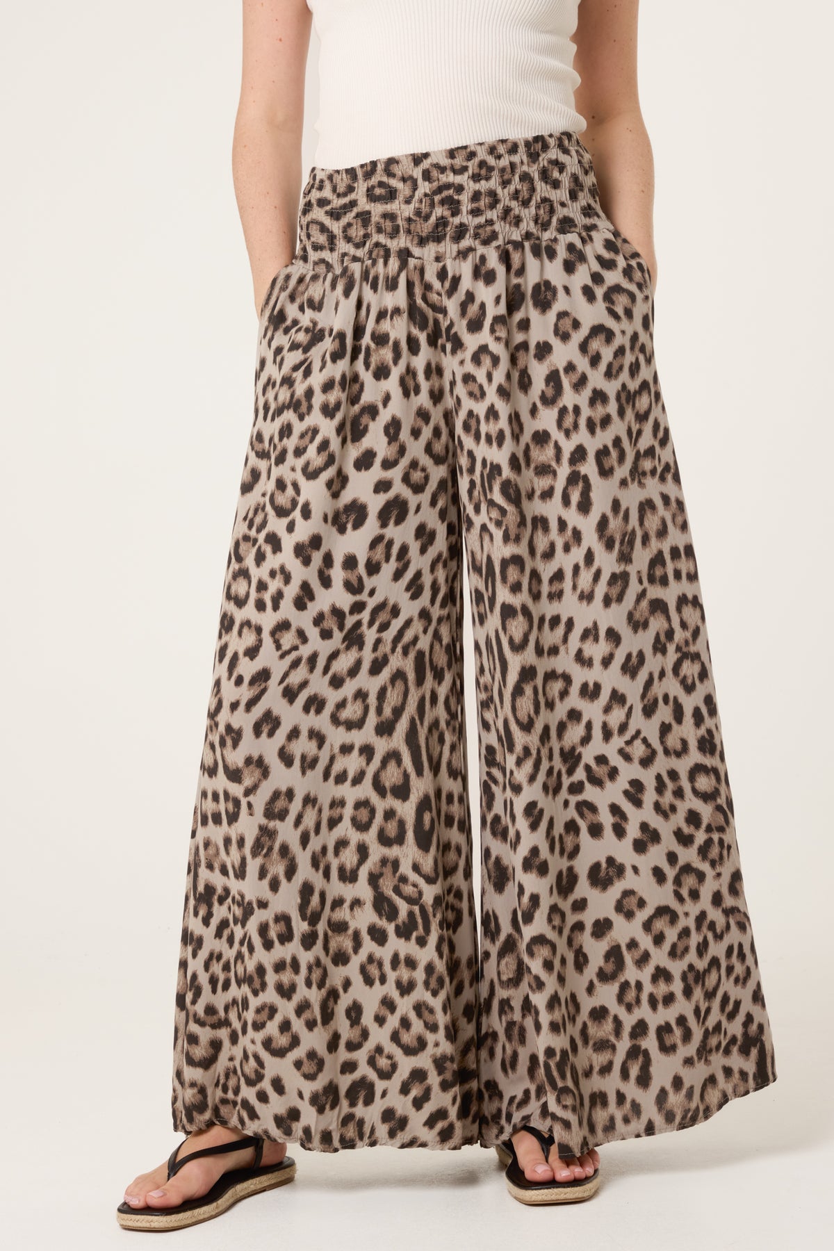 Leopard Print Elastic Wide Leg Trousers