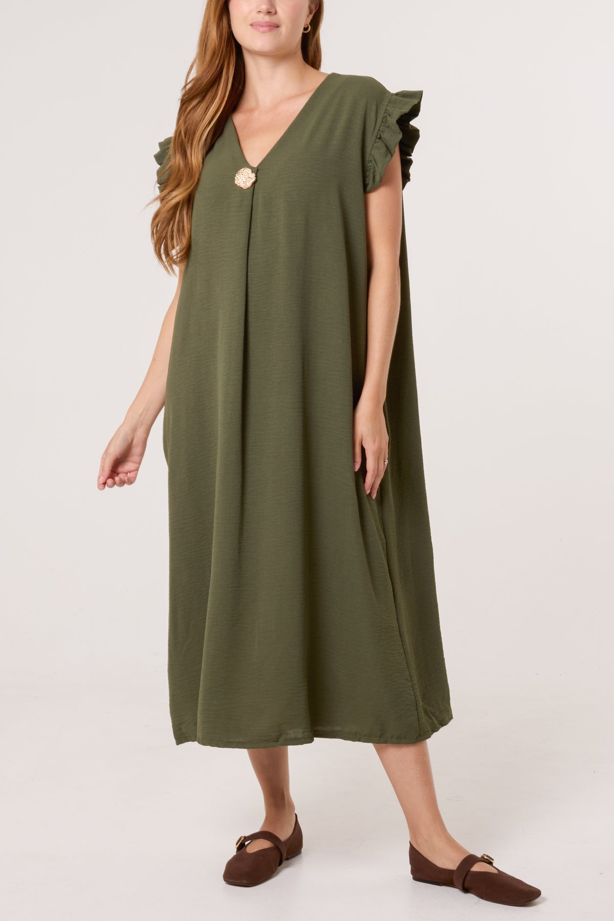 Frill Sleeve Pockets Midi Dress