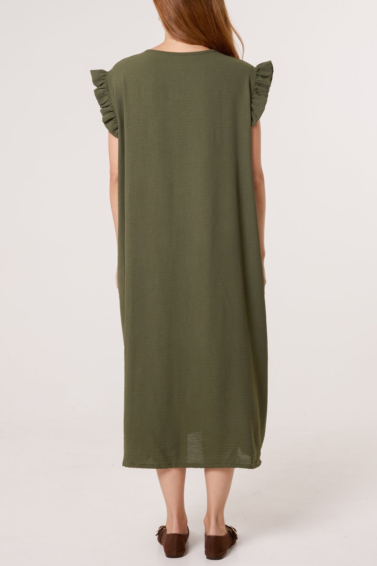 Frill Sleeve Pockets Midi Dress