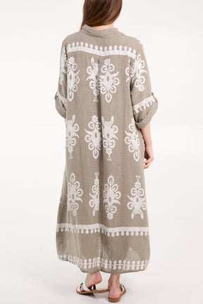 Cotton Printed Pockets Shirt Maxi Dress