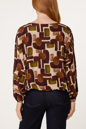 V-Neck Bubble Hem Geometric Blouse