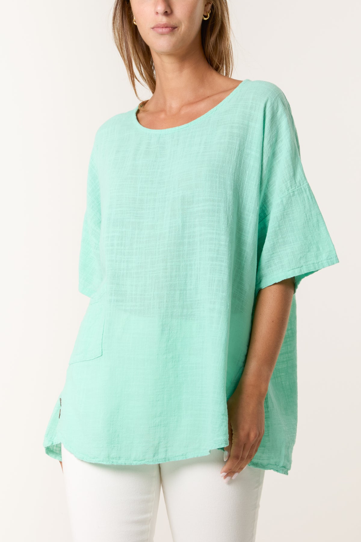 Round Neck Button Detail Cotton Top