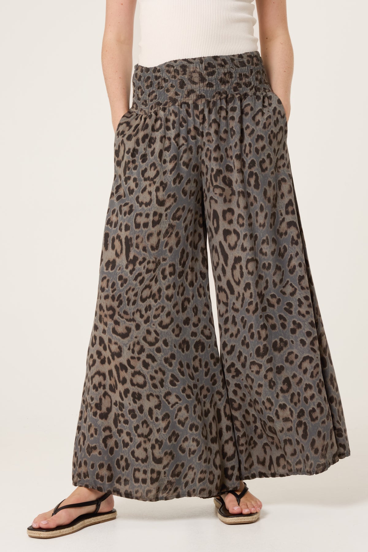 Leopard Print Elastic Wide Leg Trousers