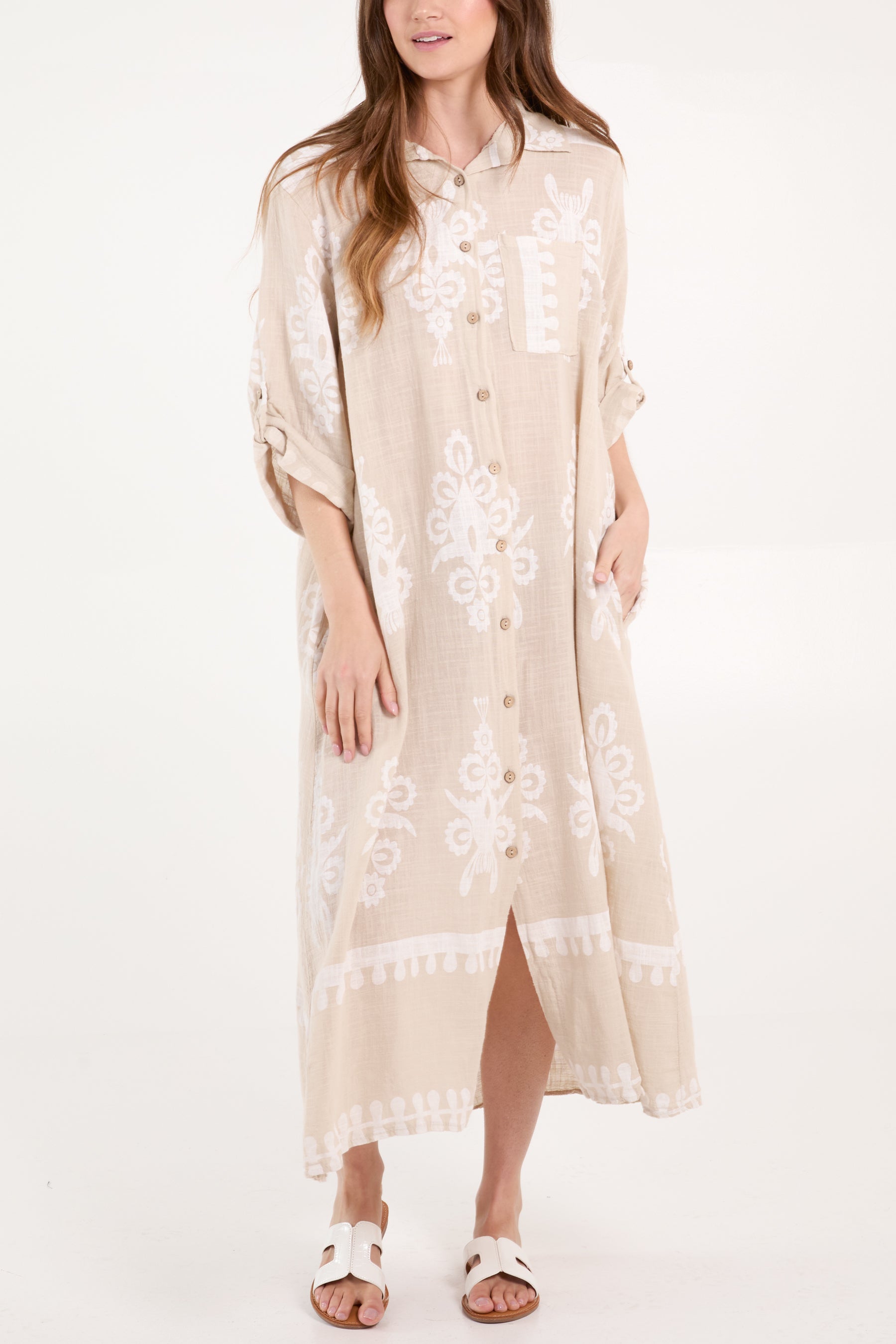 Cotton Printed Pockets Shirt Dress