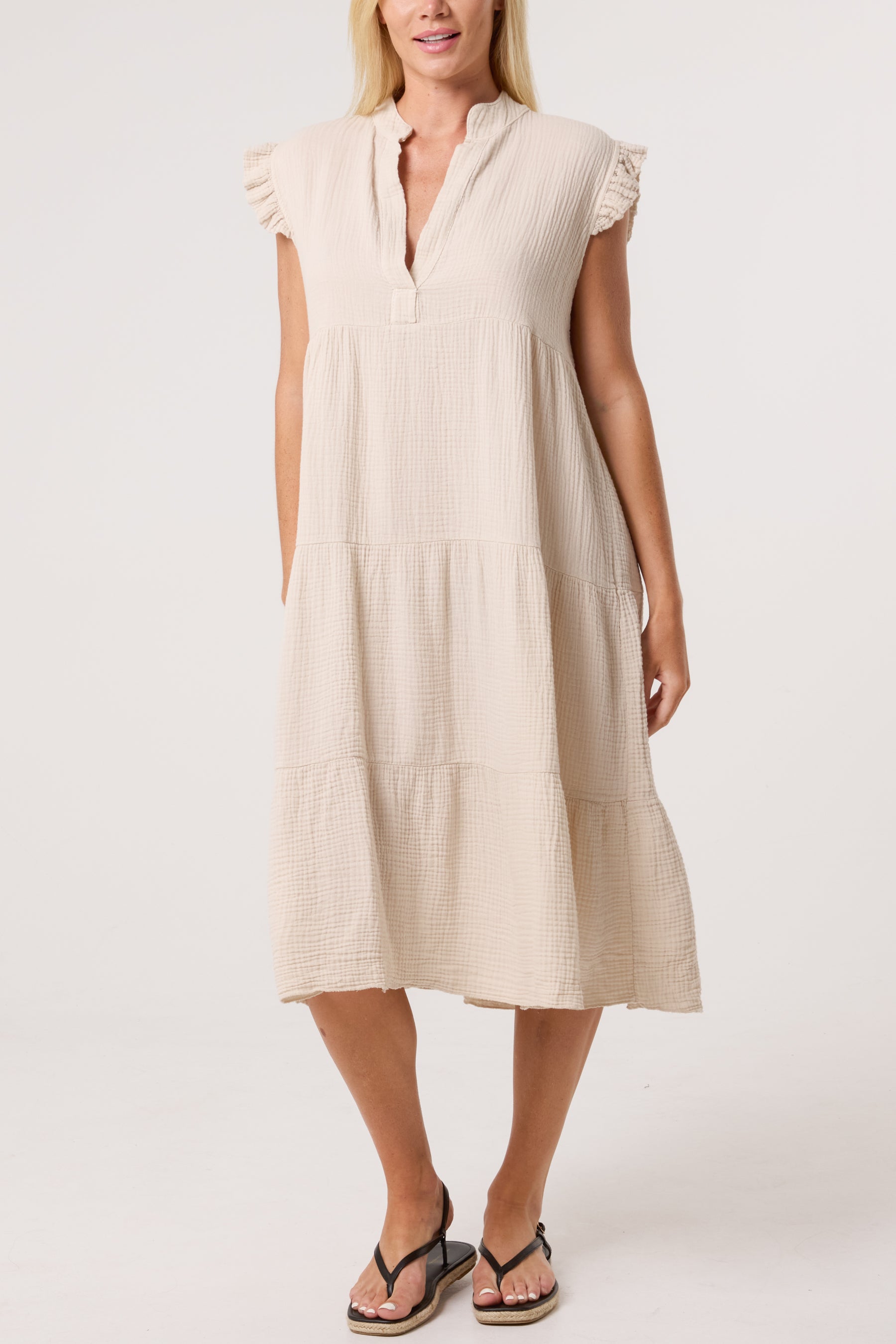 Cotton Frill Sleeved Midi Dress