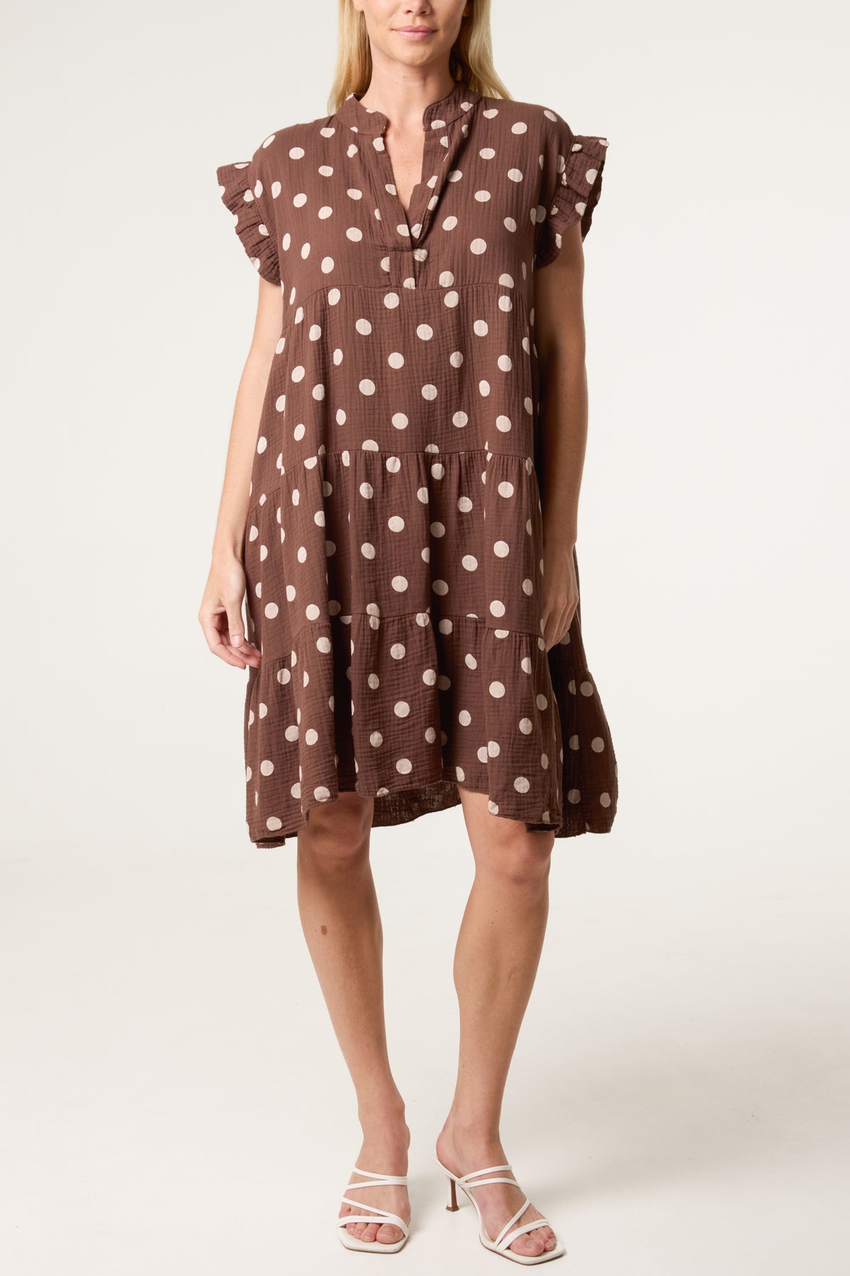Polka Dot Frill Sleeve Tiered Mini Dress