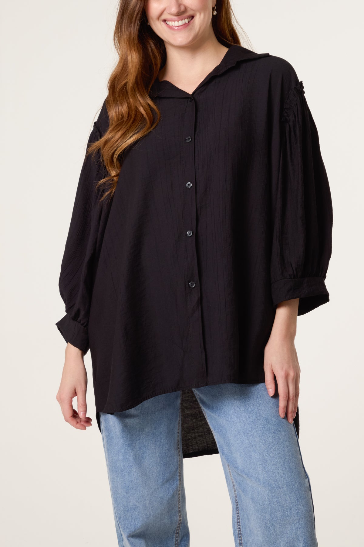 Frilled Shoulder Asymmetric Shirt