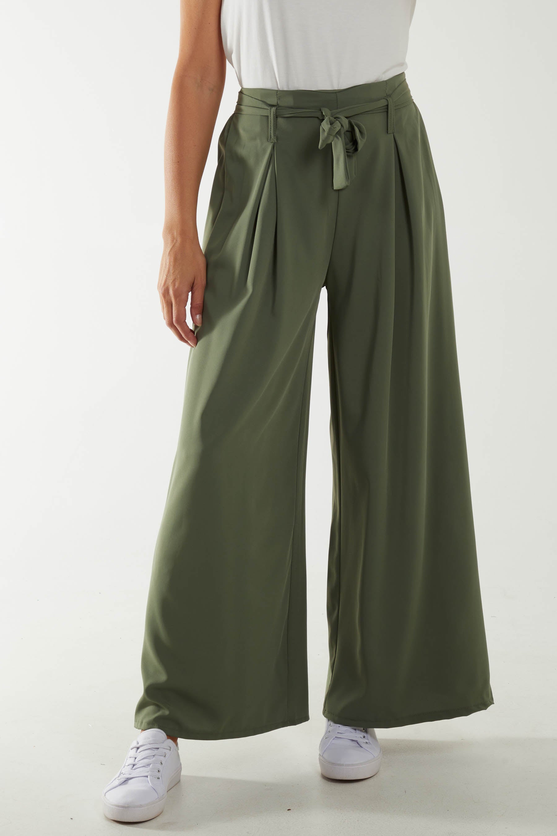 Belted Wide Leg Pleated Trousers