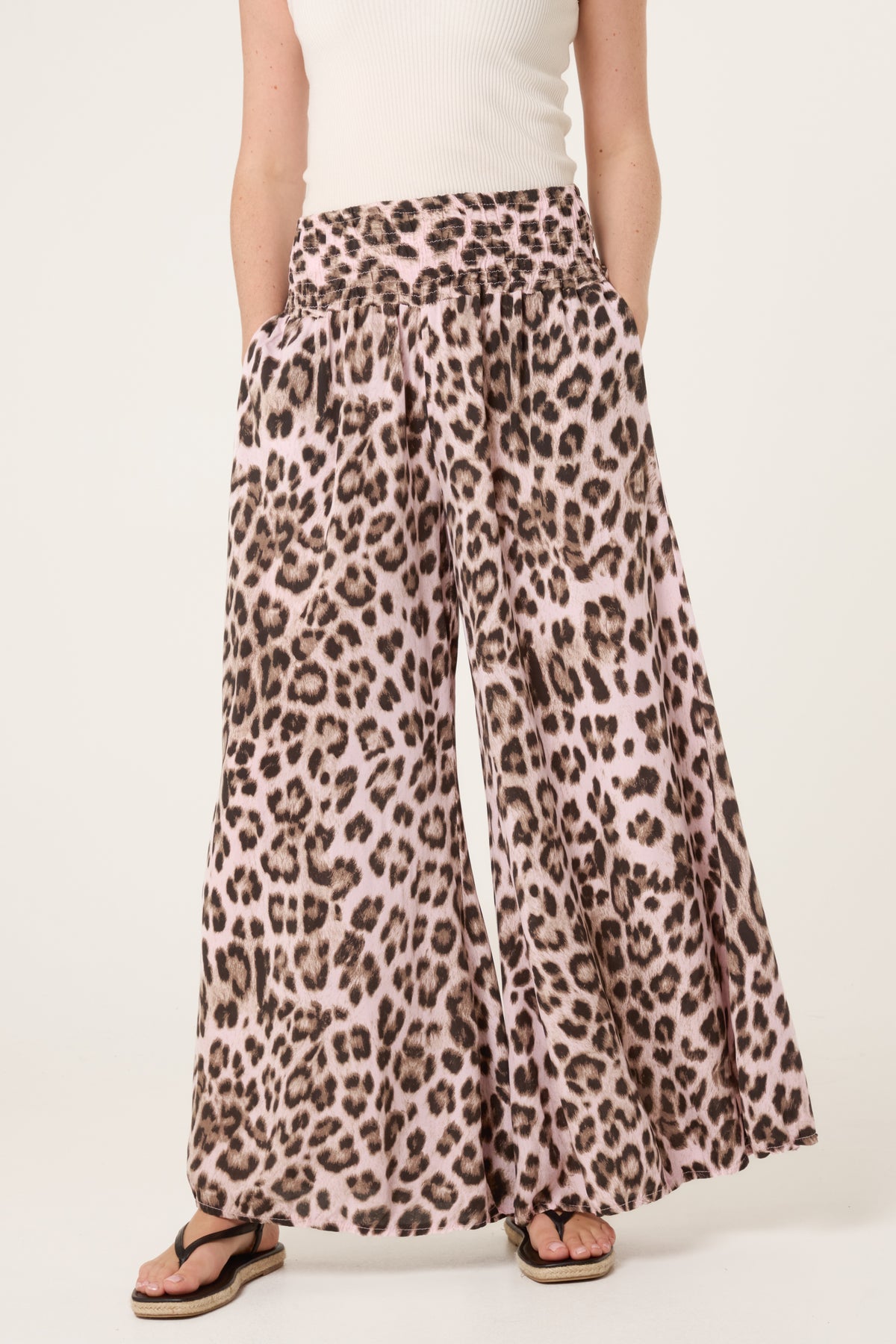 Leopard Print Elastic Wide Leg Trousers