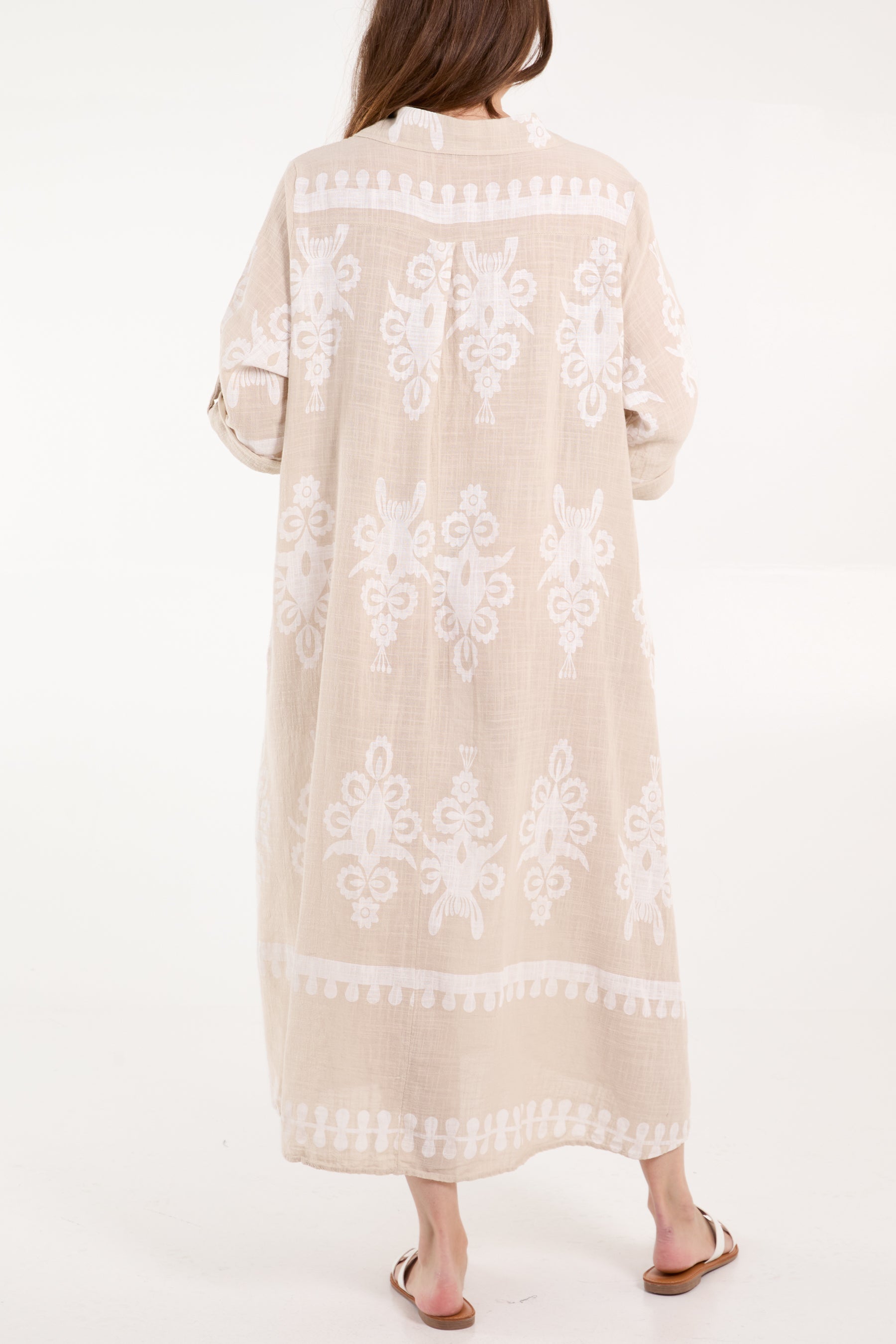 Cotton Printed Pockets Shirt Maxi Dress