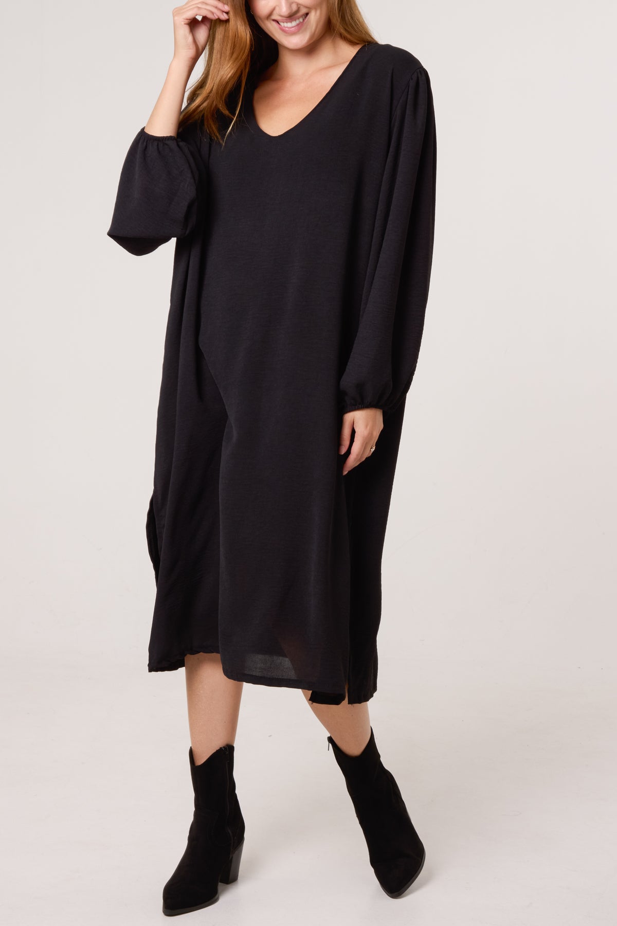 V-Neck Puffball Sleeve Midi Dress