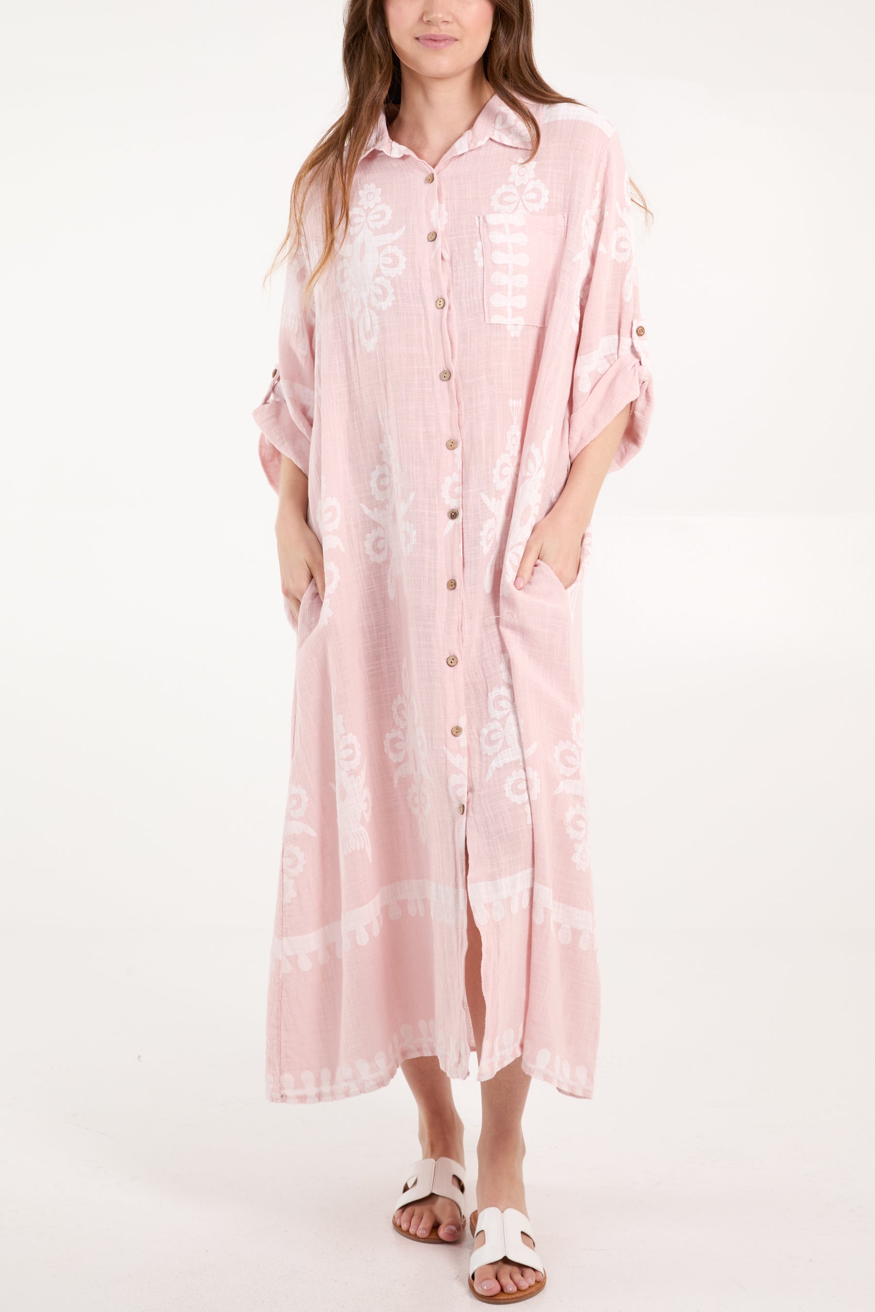 Cotton Printed Pockets Shirt Maxi Dress