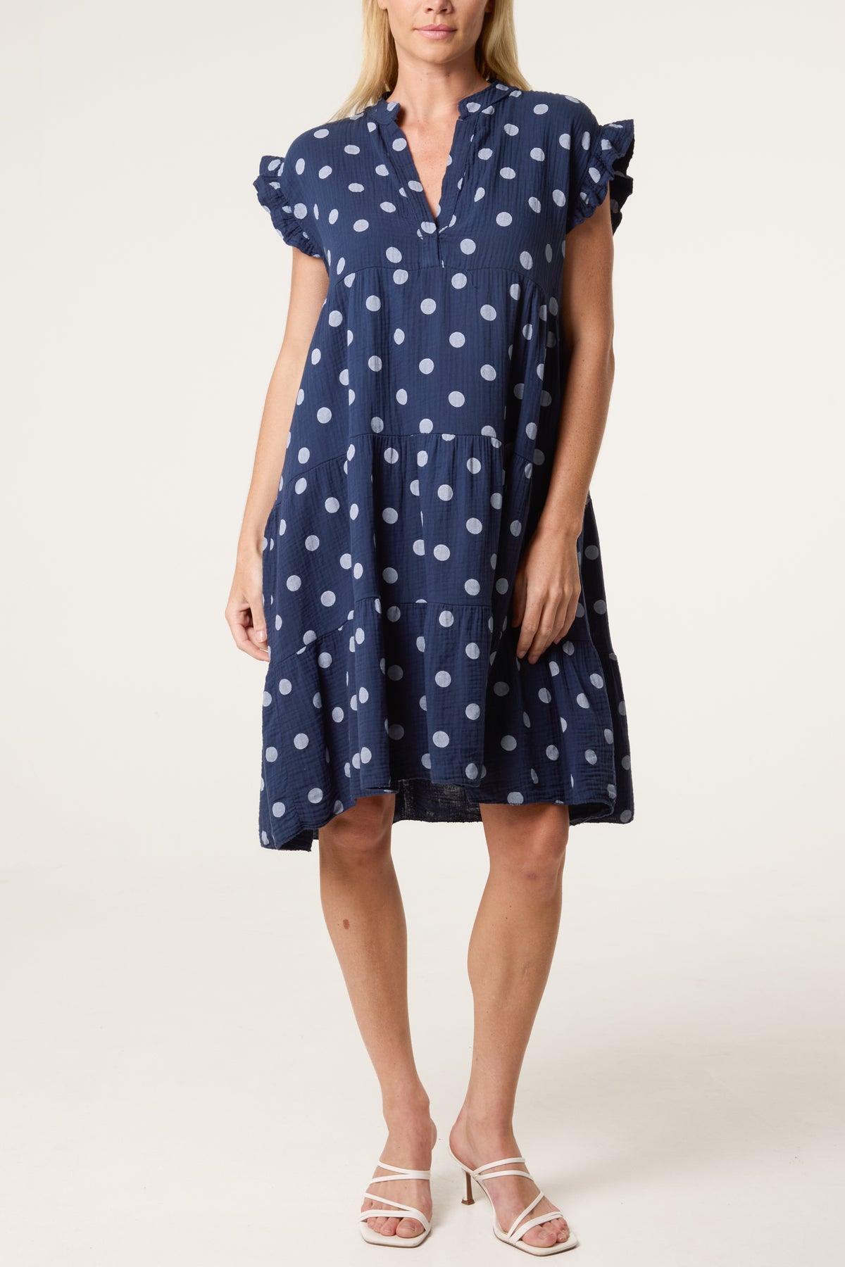Polka Dot Frill Sleeve Tiered Mini Dress