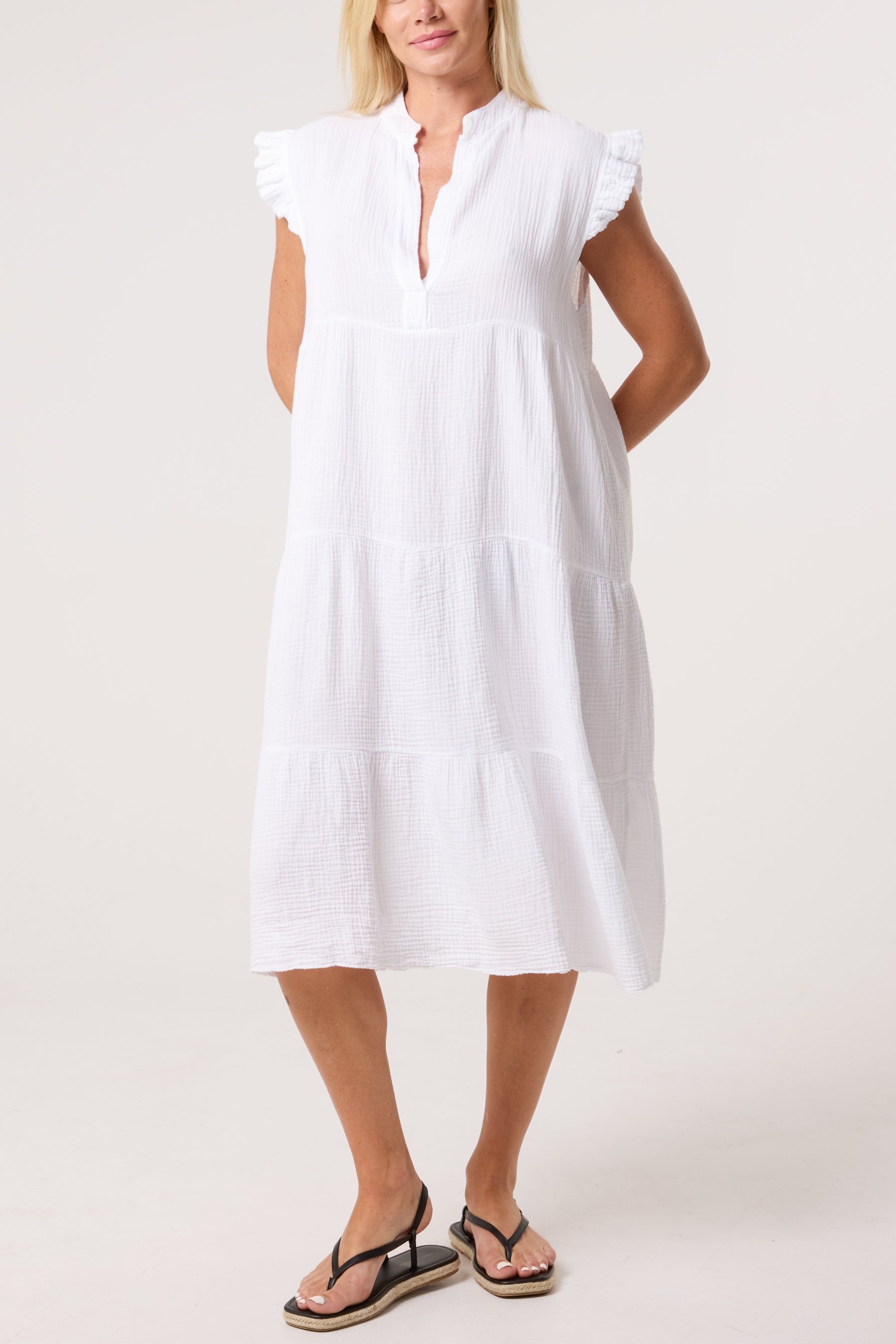 Cotton Frill Sleeved Midi Dress