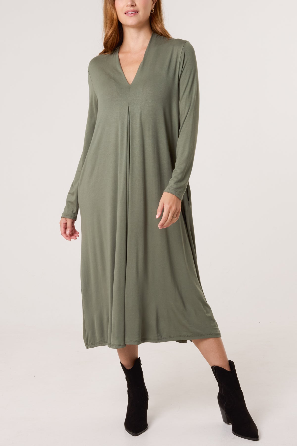 Jersey V-Neck Long Sleeve Midi Dress