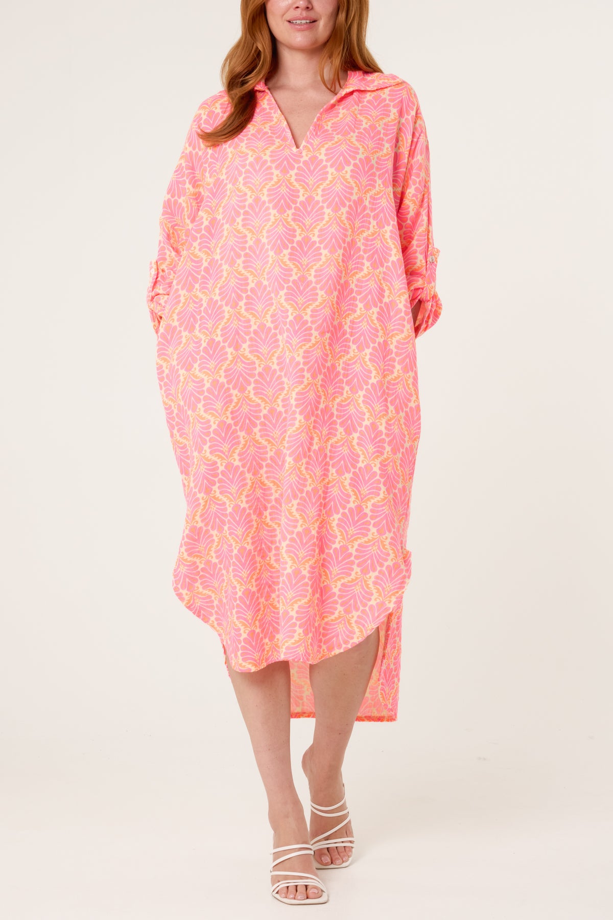 Neon Leaf Print V-Collar Roll Sleeve Dress