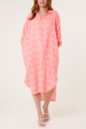 Neon Leaf Print V-Collar Roll Sleeve Dress