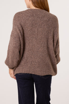 Gold Brooch Button Thick Knit Cardigan