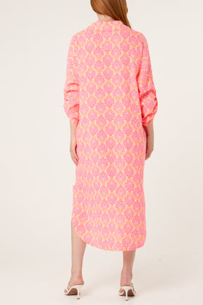 Neon Leaf Print V-Collar Roll Sleeve Dress