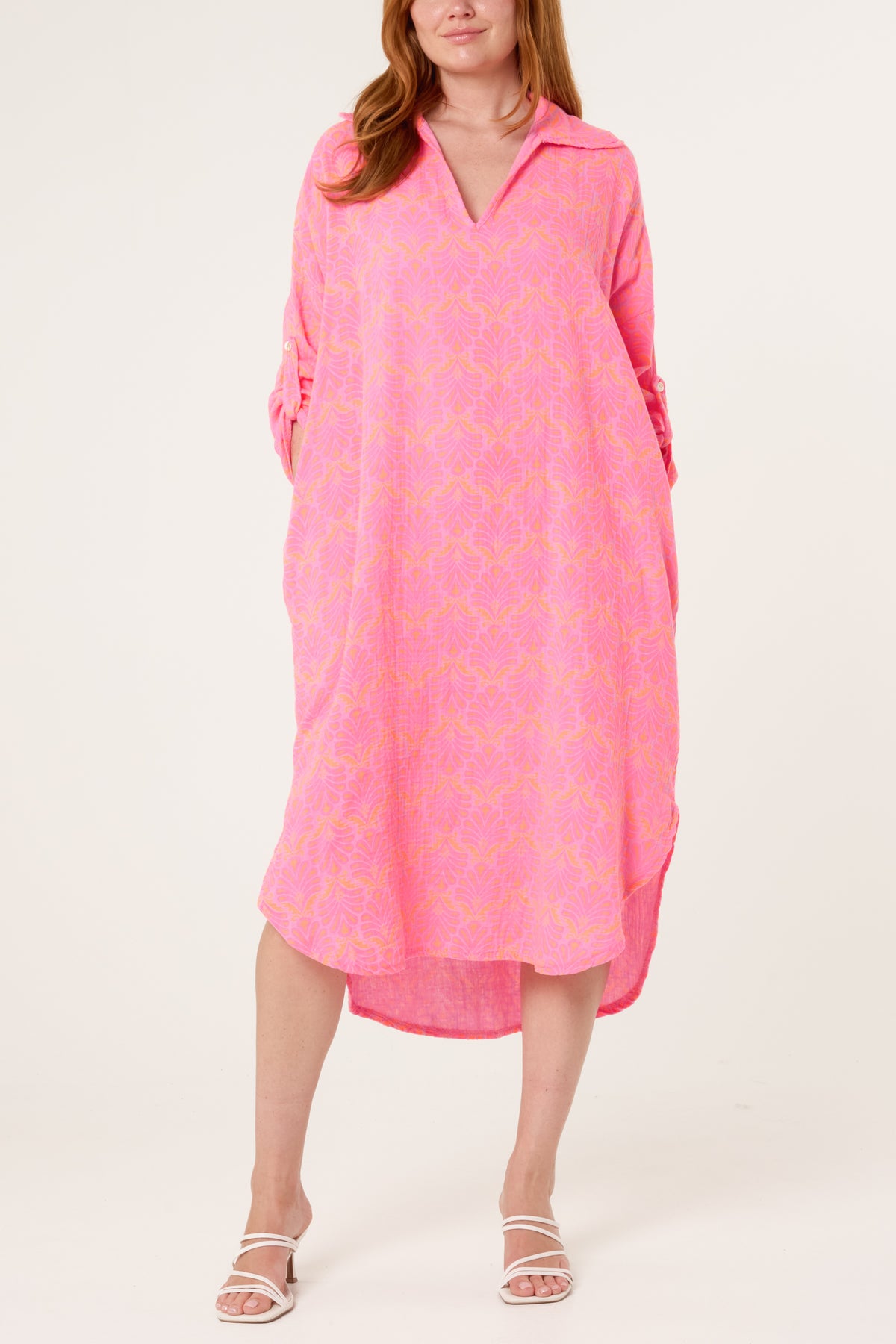 Neon Leaf Print V-Collar Roll Sleeve Dress