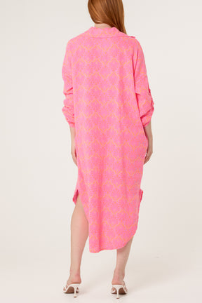 Neon Leaf Print V-Collar Roll Sleeve Dress
