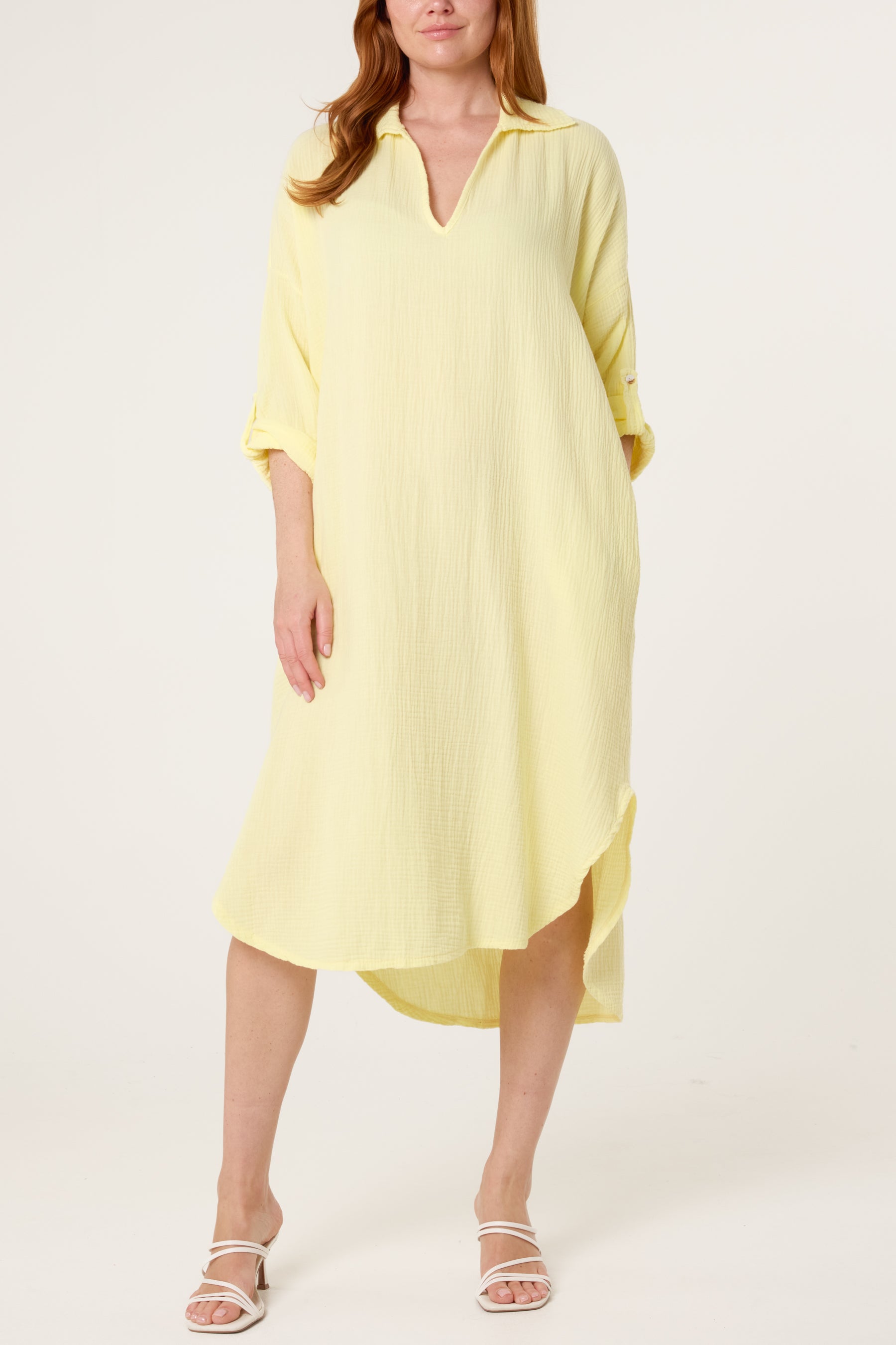 Cheesecloth V-Collar Roll Sleeve Dress