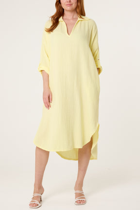 Cheesecloth V-Collar Roll Sleeve Dress