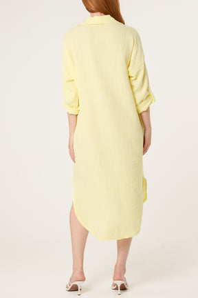 Cheesecloth V-Collar Roll Sleeve Dress