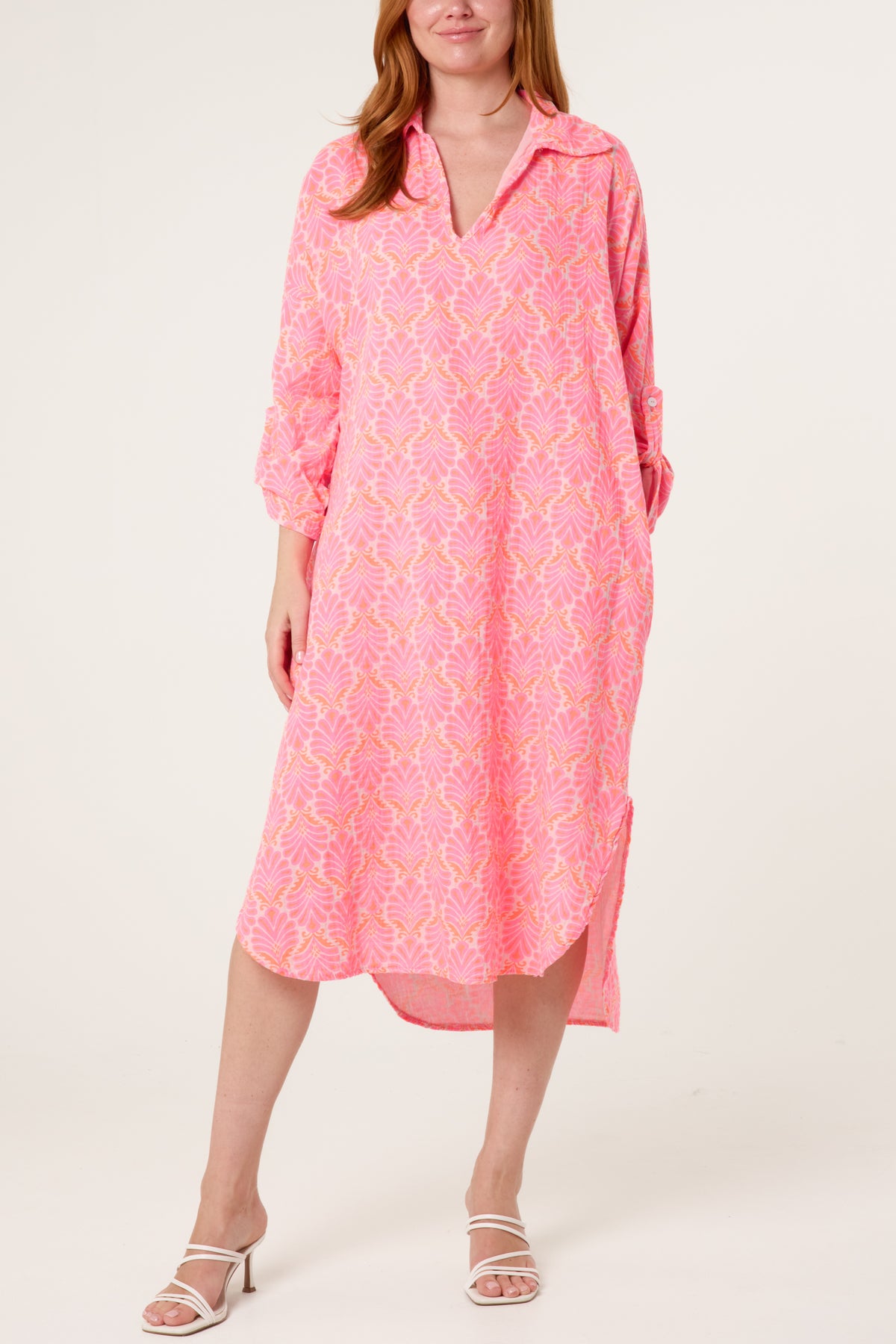 Neon Leaf Print V-Collar Roll Sleeve Dress