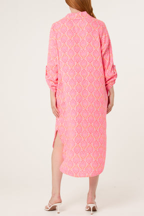 Neon Leaf Print V-Collar Roll Sleeve Dress