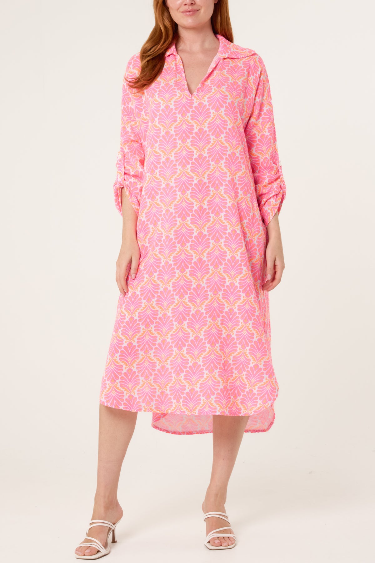Neon Leaf Print V-Collar Roll Sleeve Dress