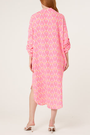 Neon Leaf Print V-Collar Roll Sleeve Dress
