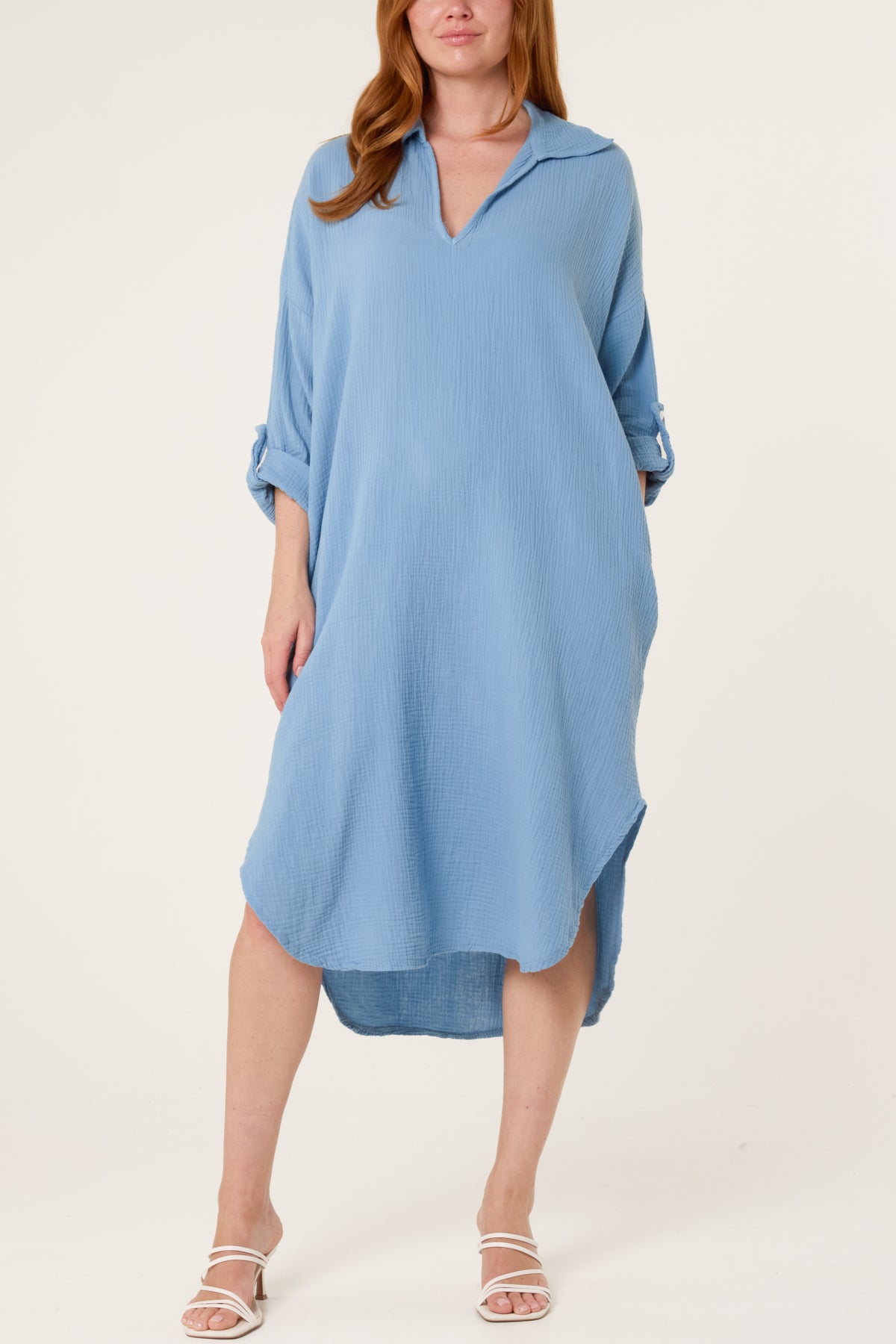 Cheesecloth V-Collar Roll Sleeve Dress