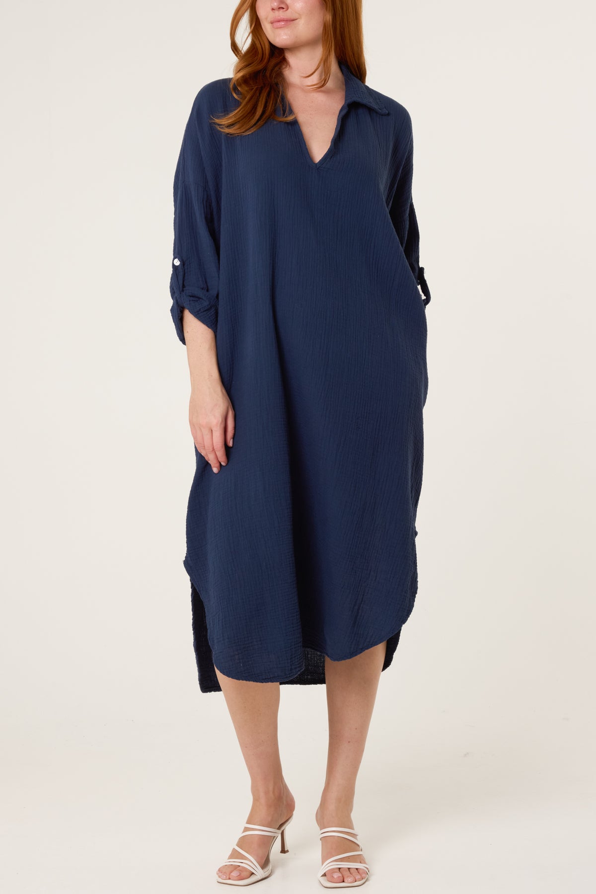 Cheesecloth V-Collar Roll Sleeve Dress