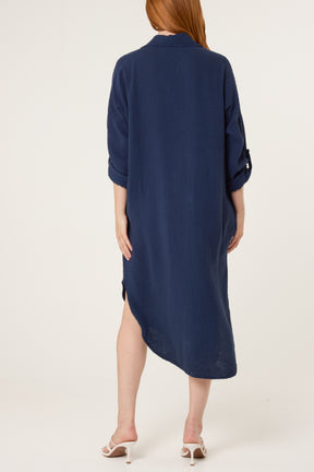 Cheesecloth V-Collar Roll Sleeve Dress